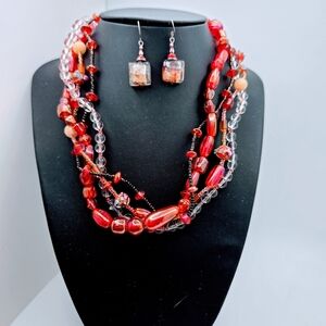 Vintage Murano Necklace Earrings Set Glass Multistrand Beaded Cherry Red Molded